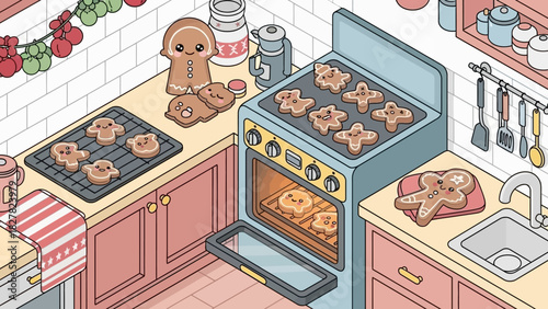 Cozy kitchen scene with gingerbread cookies baking in the oven, creating a warm and inviting atmosphere.
