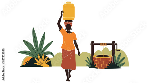 African woman collecting water with container from a shared source. Ideal for humanitarian themes, global water access, and environmental equity visuals
