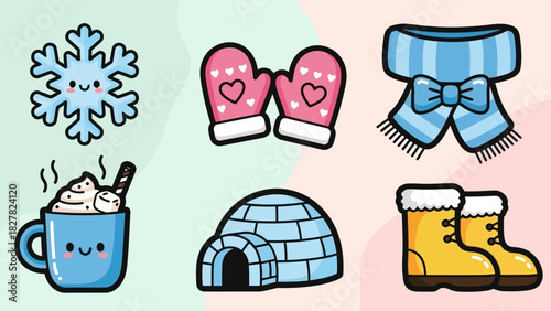 Winter themed cartoon illustration with snowflake, mittens, scarf, hot chocolate, igloo, and boots.