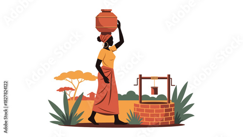African woman collecting water with container from a shared source. Ideal for humanitarian themes, global water access, and environmental equity visuals