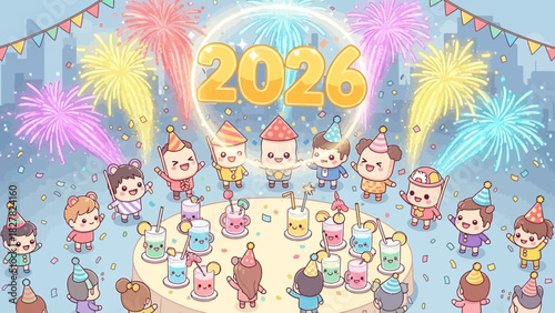 Cartoon illustration of a group celebrating with fireworks and drinks, year 2026.