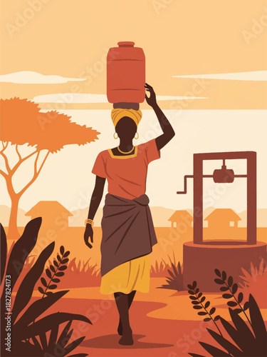 African woman collecting water with container from a shared source. Ideal for humanitarian themes, global water access, and environmental equity visuals