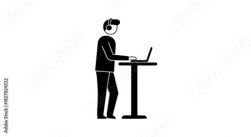 Man typing standing black white icon 