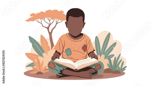 Africa poor child studying outside using sunlight. Ideal for education access, hope, resilience, and learning themes.

