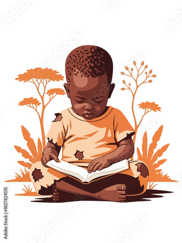 Africa poor child studying outside using sunlight. Ideal for education access, hope, resilience, and learning themes.
