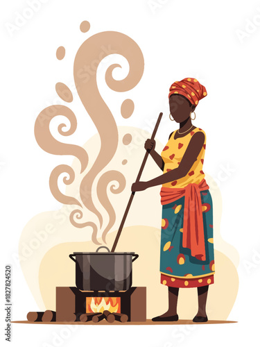 Africa woman preparing a meal using outdoor fire stove. Ideal for traditional cooking, resource-limited living, and family survival themes