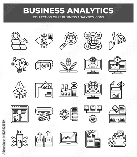 Collection of 25 Business Analytics Icons: Data Analysis. Financial. Marketing. and Investment
