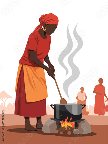 Africa woman preparing a meal using outdoor fire stove. Ideal for traditional cooking, resource-limited living, and family survival themes
