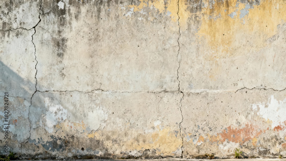 Obraz premium Weathered concrete surface displays noticeable cracks and patches of peeling paint texture