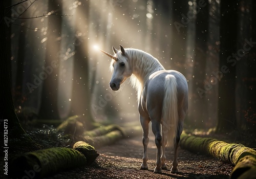 Unicorn Looking Back in Misty Forest with Sunbeams. Generative Ai