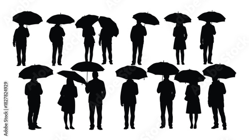 Silhouettes of people with umbrellas isolated on white background, Vector