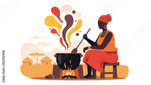 Africa woman preparing a meal using outdoor fire stove. Ideal for traditional cooking, resource-limited living, and family survival themes