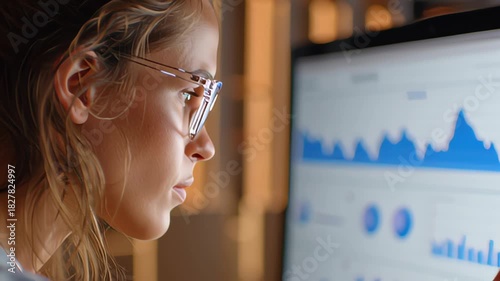 Reading, business woman and computer with digital market research analyst for work at company. Job statistics, glasses and tech of a professional at a