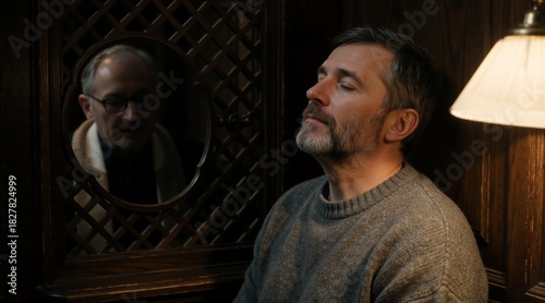 Man confessing to a priest in a wooden confessional booth. Catholic sacrament of reconciliation and forgiveness concept