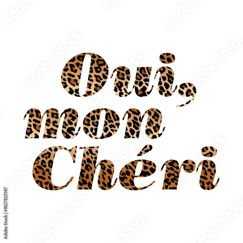  “Oui, mon Chéri” (French is Yes, my darling) French phrase filled with bold leopard print texture. Stylish, romantic, and modern typography perfect for t-shirts, stickers, posters, and decorative.
