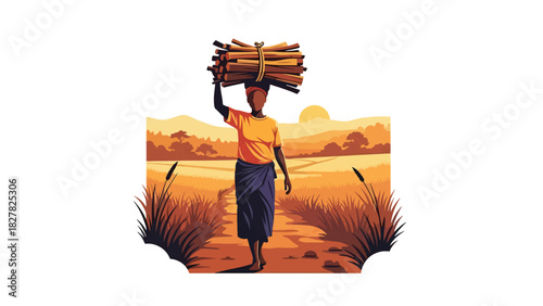 African person carrying firewood for household use. Suitable for everyday living, responsibility, and real-life resilience scenes