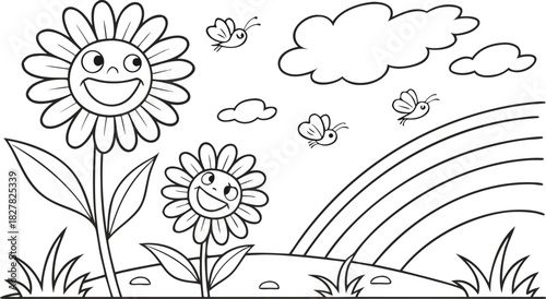 sunflowers in outline form. Line art of sunflowers.