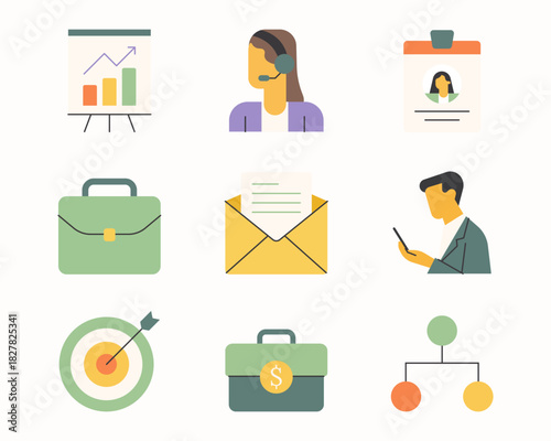 Business flat icon set. Icon design in minimal flat style. Design for office, finance, communication and management.