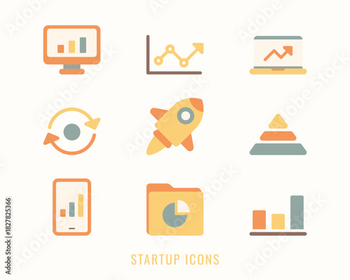 Startup Icons Set. Icon design in minimal flat style. Design for business presentations, startup branding, web design, UI/UX, and marketing materials.