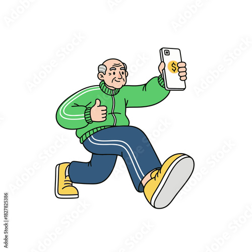 Active Senior Man Running and Giving Thumbs Up, Mobile Banking Concept with Exaggerated Perspective on Footwear