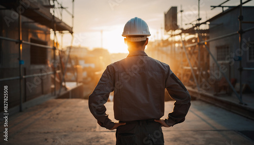 建設現場で作業する日本人作業員の後ろ姿と監督風景