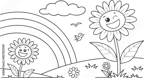 sunflowers in outline form. Line art of sunflowers.