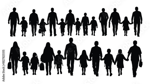 Family and group silhouettes walking isolated on white background, Vector