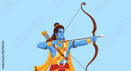 Illustration of the Hindu god Lord Rama aiming his bow and arrow against a light blue background.