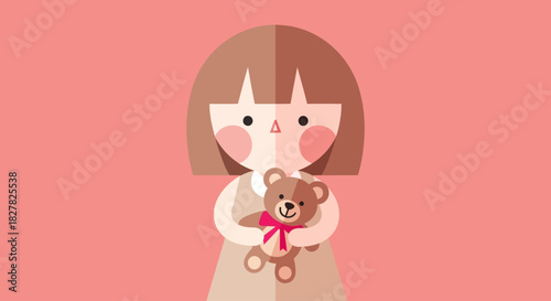 A stylized illustration of a young girl holding a teddy bear against a pink background.