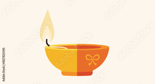 A vibrant illustration of a lit diya, a traditional oil lamp, with a flame.