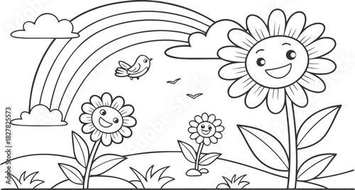 sunflowers in outline form. Line art of sunflowers.