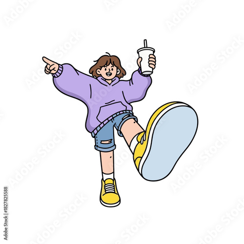Young Woman Pointing While Balancing and Holding a Drink, Exaggerated Perspective Vector with Big Yellow Sneakers
