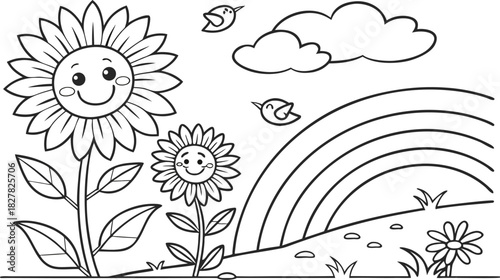 sunflowers in outline form. Line art of sunflowers.