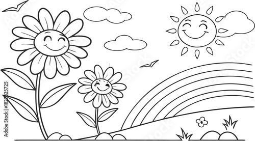 sunflowers in outline form. Line art of sunflowers.