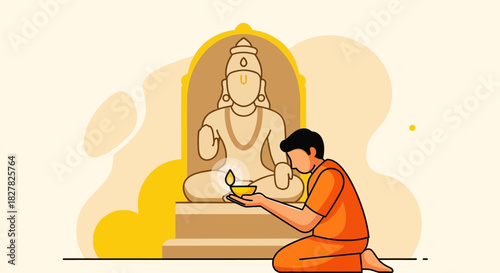 A person in orange attire offering a lamp in front of a statue of a deity in a temple.