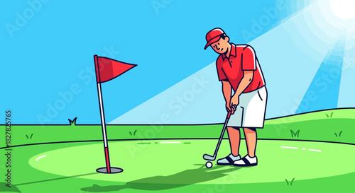 Golfer putting on the green with flag and bright sun.