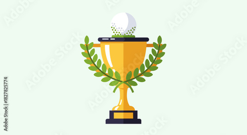 Golden golf tournament trophy cup with a ball and laurel wreath symbolizing victory.