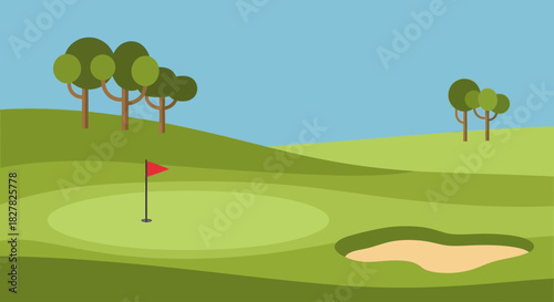 A serene golf course scene with a flag on the green and a sand trap under a clear blue sky.