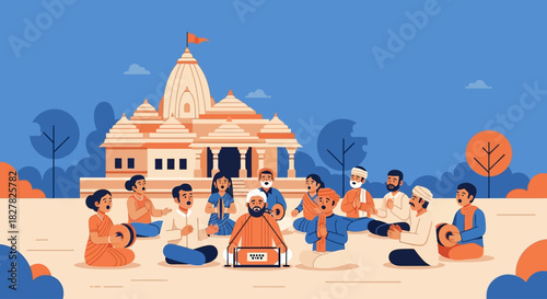 Indian people gathered for a religious ceremony in front of a temple, playing traditional musical instruments and singing devotional songs.