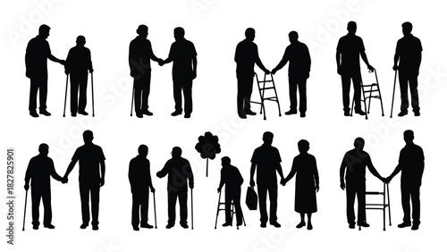 Elderly people silhouettes with walking aids isolated on white background, Vector