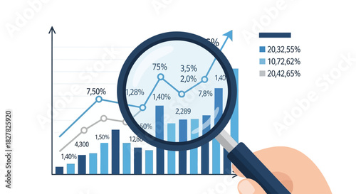Magnifying glass over a business chart showing growth and analysis.