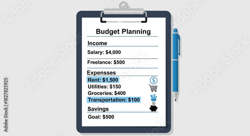 Budget planning document with income, expenses, and savings details for financial management.