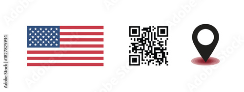 American Icons: A collection of symbols, including the American flag, a QR code, and a location pin, representing digital connection and geographical identity.