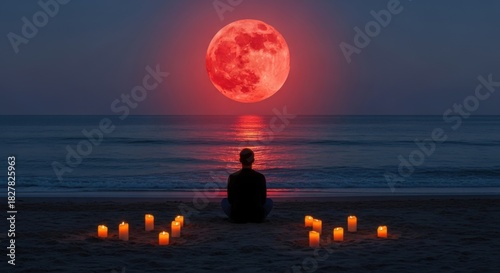 Person meditating on a beach under a glowing red moon at night