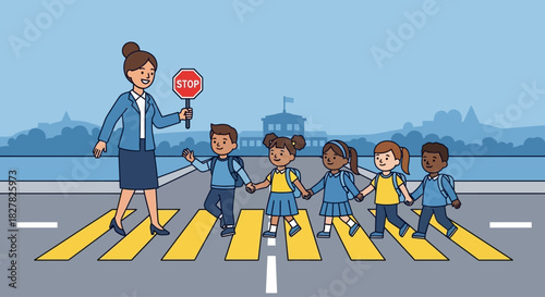 Teacher guides children across crosswalk with stop sign.