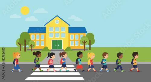 A diverse group of elementary school children with backpacks walking on a crosswalk in front of a school building on a sunny day.