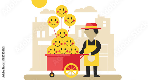 A cheerful street vendor pushing a cart full of yellow smiley face balloons and items under a sunny sky.