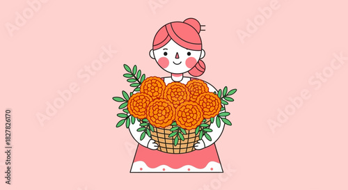 A cute cartoon illustration of a girl with pink hair holding a basket full of orange marigold flowers.