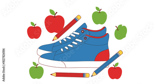 Illustration of blue sneakers surrounded by red and green apples and red pencils on a white background.