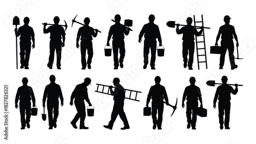 Construction workers silhouette set isolated on white background, Vector